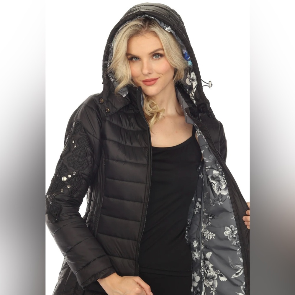 Johnny Was Black Sano Ski Zip Front Hooded Long Puffer Coat - Picture 2 of 10